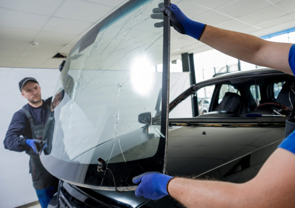 Automobile special workers remove old windscreen or windshield of a car in auto service station garage. Background